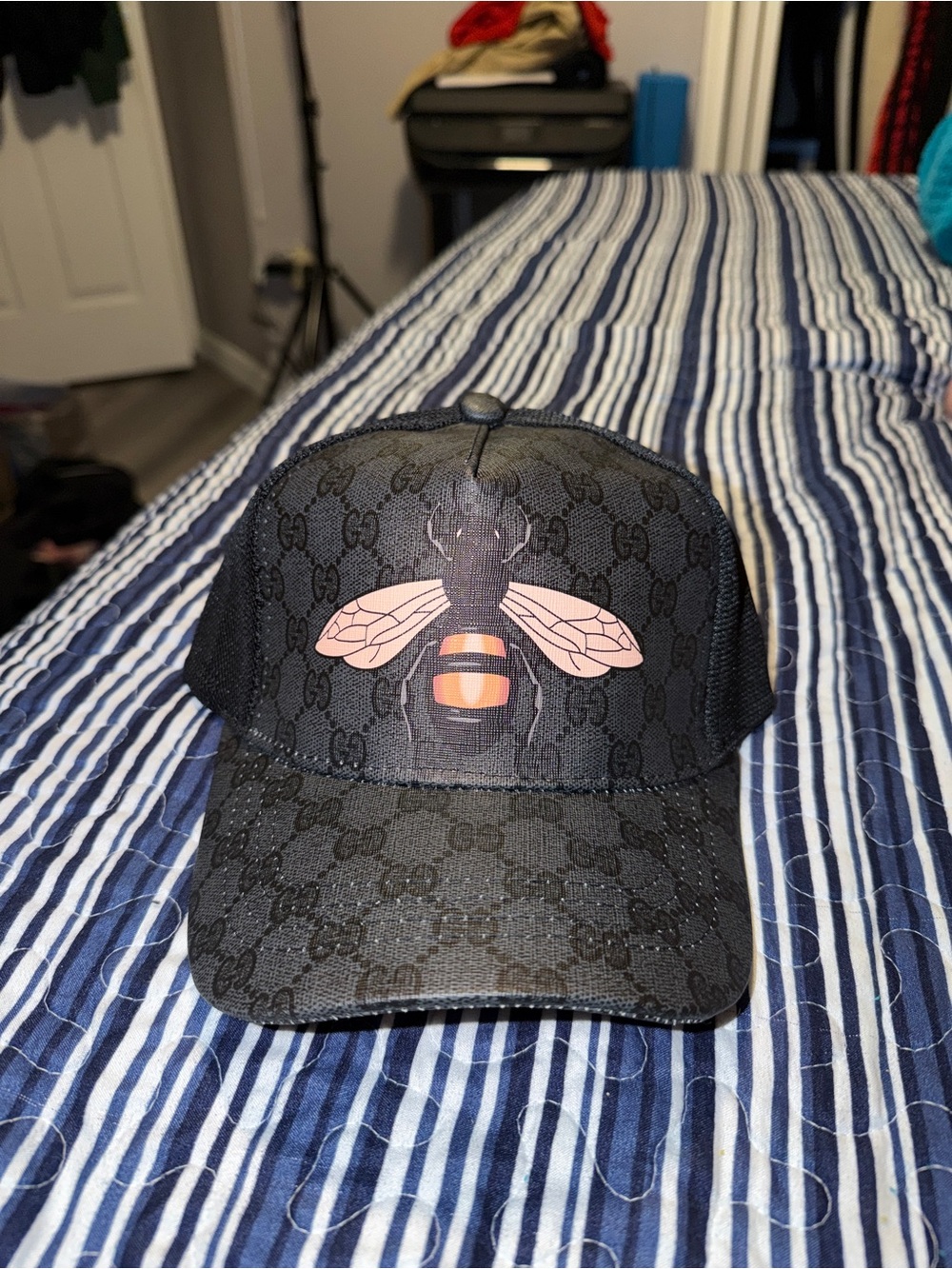 Black Signature Bee Baseball Cap with Pink and Orange Bee